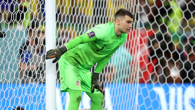 AL RAYYAN, QATAR - DECEMBER 09: Dominik Livakovic of Croatia looks on during the FIFA World Cup Qatar 2022 quarter final match between Croatia and Brazil at Education City Stadium on December 09, 2022 in Al Rayyan, Qatar.