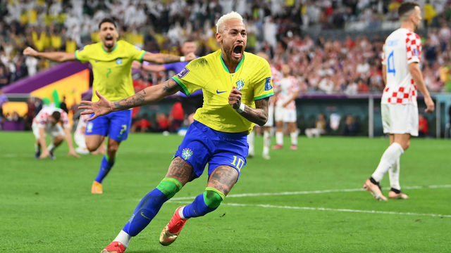 AL RAYYAN, QATAR - DECEMBER 09: Neymar of Brazil celebrates after scoring the team's first goal during the FIFA World Cup Qatar 2022 quarter final match between Croatia and Brazil at Education City Stadium on December 09, 2022 in Al Rayyan, Qatar.
