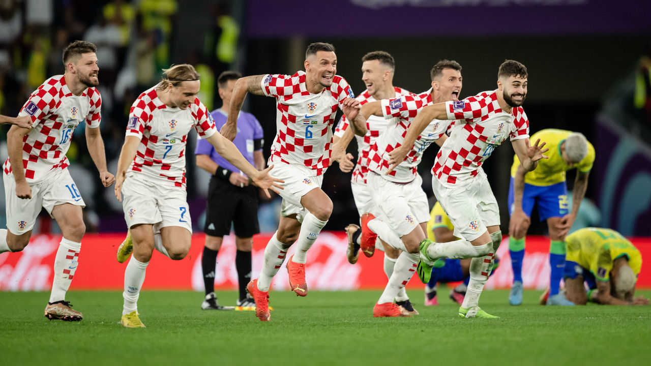 AL RAYYAN, QATAR - DECEMBER 09: Bruno Petkovic, Lovro Majer, Dejan Lovren, Ante Budimir and Josko Gvardiol of Croatia celebrating victory after the FIFA World Cup Qatar 2022 quarter final match between Croatia and Brazil at Education City Stadium on December 09, 2022 in Al Rayyan, Qatar.
