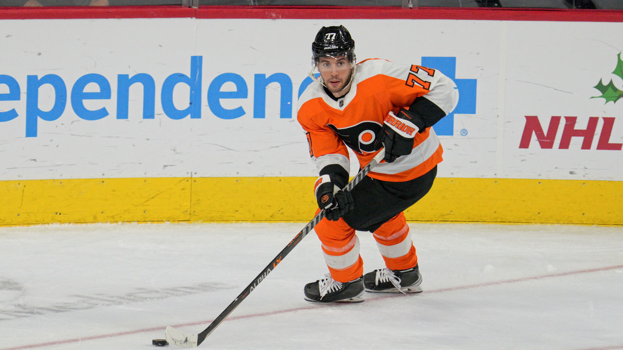PHILADELPHIA, PA - DECEMBER 05: Philadelphia Flyers defenseman Tony DeAngelo (77) skates with the puck during the game between the Colorado Avalanche and the Philadelphia Flyers on December 5, 2022 at the Wells Fargo Center in Philadelphia, PA
