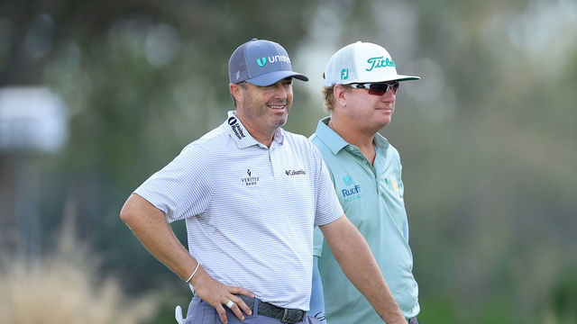 NAPLES, FLORIDA - DECEMBER 09: Charley Hoffman (R) and Ryan Palmer of The United States wait to putt on the ninth green during the first round of the QBE Shootout at Tiburon Golf Club on December 09, 2022 in Naples, Florida.