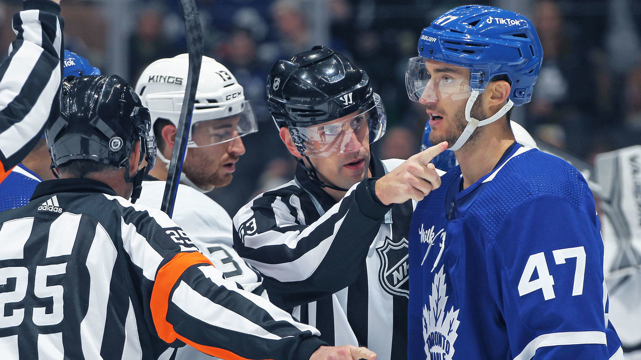 TORONTO, CANADA - DECEMBER 8: Linseman Bevan Mills #53 shows Pierre Engvall #47 of the Toronto Maple Leafs the exit after being ejected against the Los Angeles Kings during an NHL game at Scotiabank Arena on December 8, 2022 in Toronto, Ontario, Canada. The Maple Leafs defeated the Kings 5-0.