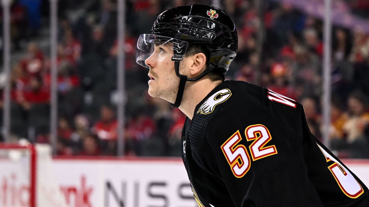 CALGARY, AB - DECEMBER 01: Calgary Flames Defenceman MacKenzie Weegar (52) looks on during the second period of an NHL game between the Calgary Flames and the Montreal Canadiens on December 1, 2022, at the Scotiabank Saddledome in Calgary, AB.