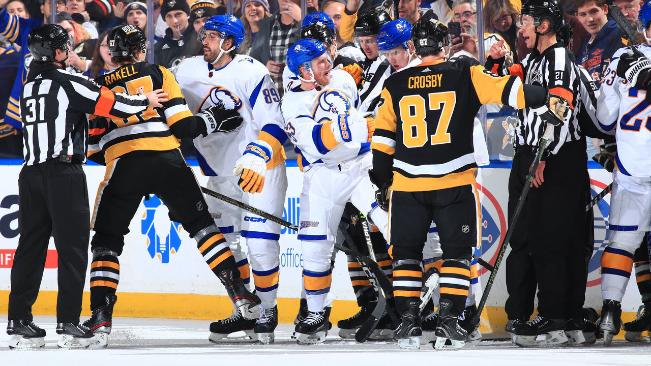 BUFFALO, NY - DECEMBER 9: Jeff Skinner #53 of the Buffalo Sabres receives a match penalty from referee TJ Luxmore #21 during an NHL game against the Pittsburgh Penguins on December 9, 2022 at KeyBank Center in Buffalo, New York. Pittsburgh won 4-3, in overtime.