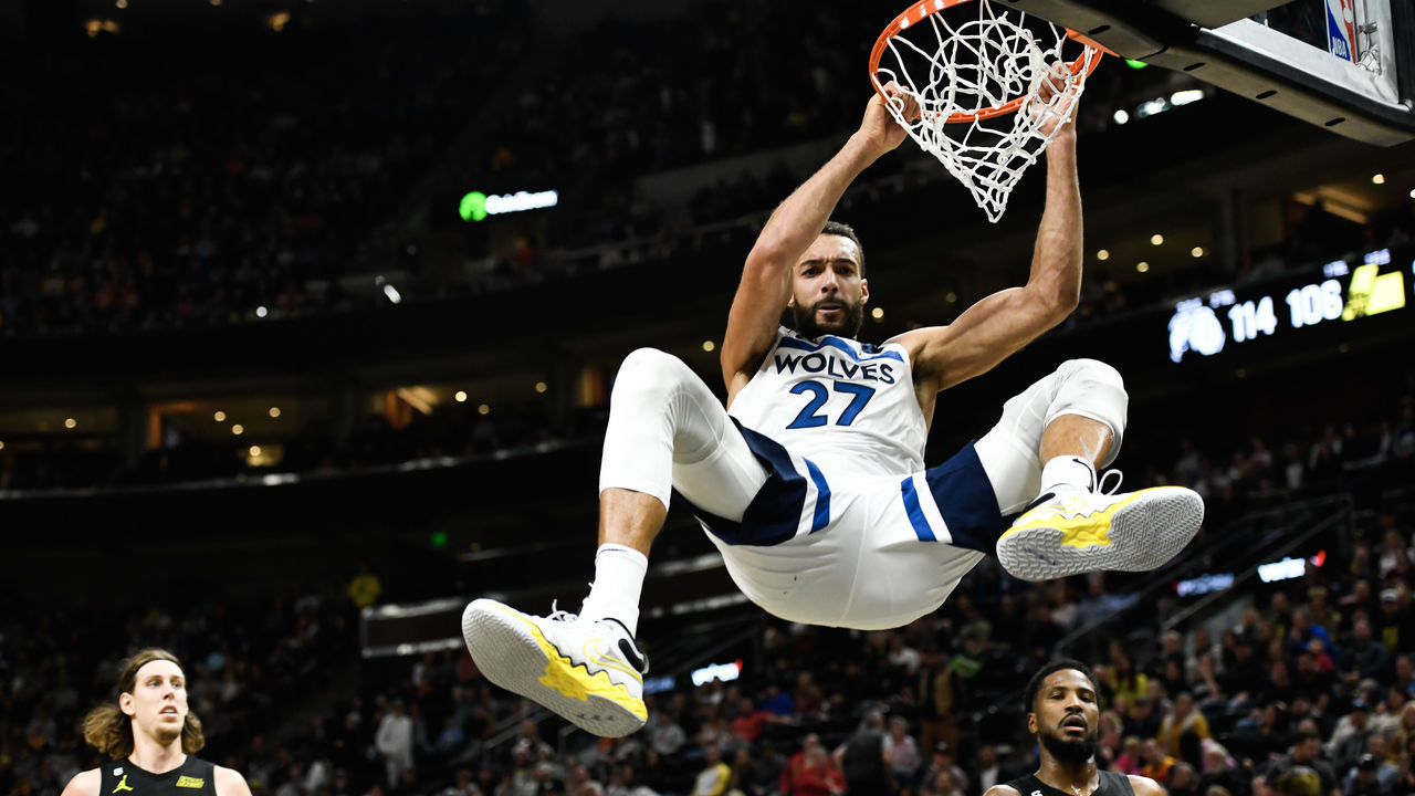 SALT LAKE CITY, UTAH - DECEMBER 09: Rudy Gobert #27 of the Minnesota Timberwolves dunks during the second half of a game against the Utah Jazz at Vivint Arena on December 09, 2022 in Salt Lake City, Utah.
