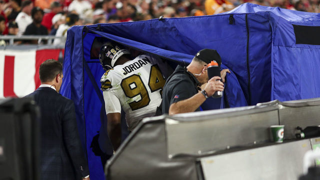 TAMPA, FL - DECEMBER 5: Cameron Jordan #94 of the New Orleans Saints walks into the injury tent on the sidelines during the fourth quarter of an NFL football game against the Tampa Bay Buccaneers at Raymond James Stadium on December 5, 2022 in Tampa, Florida.