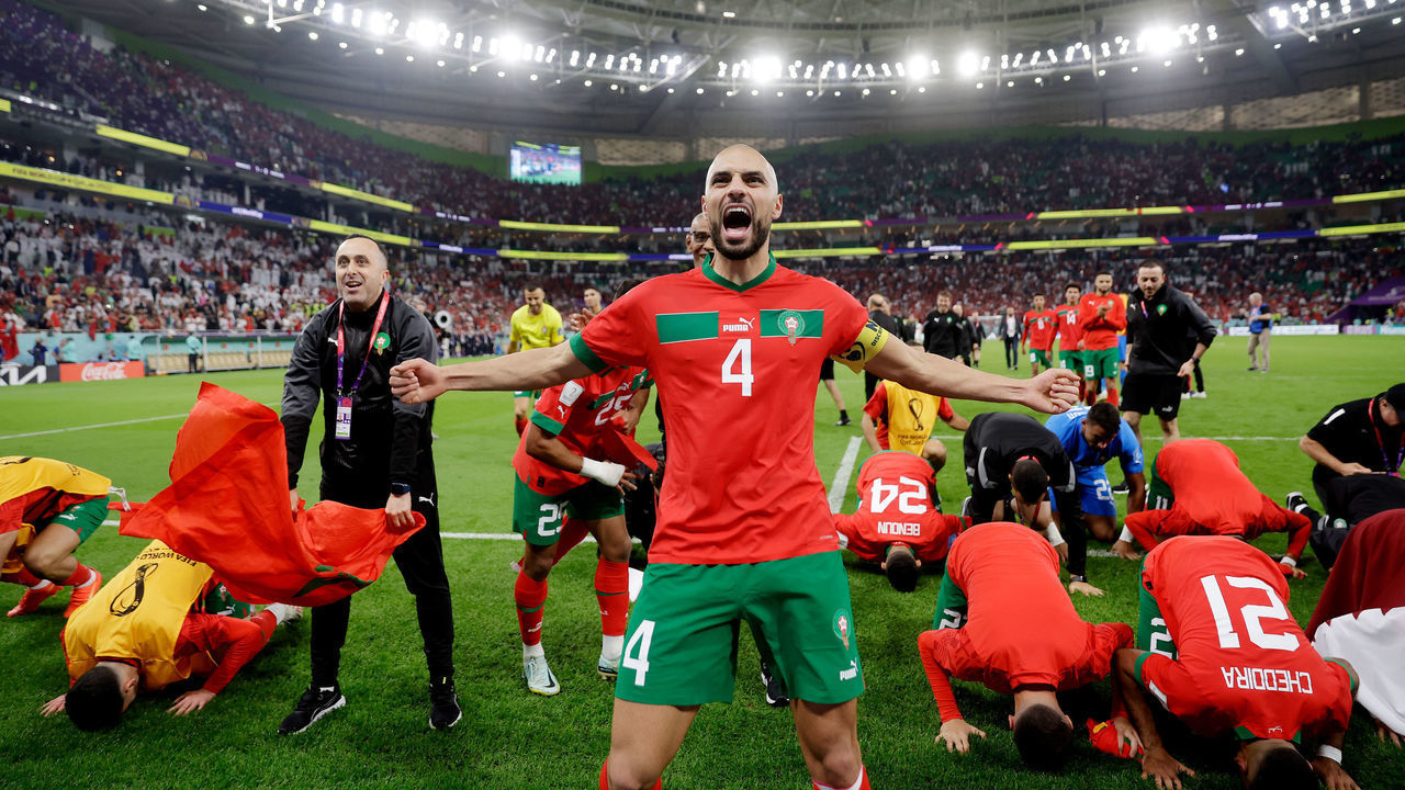 DOHA, QATAR - DECEMBER 10: Sofyan Amrabat of Morocco celebrates the victory during the World Cup match between Morocco v Portugal at the Al Thumama Stadium on December 10, 2022 in Doha Qatar