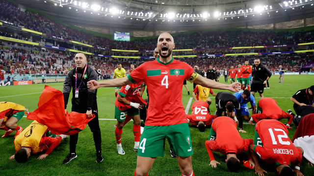 DOHA, QATAR - DECEMBER 10: Sofyan Amrabat of Morocco celebrates the victory during the World Cup match between Morocco v Portugal at the Al Thumama Stadium on December 10, 2022 in Doha Qatar
