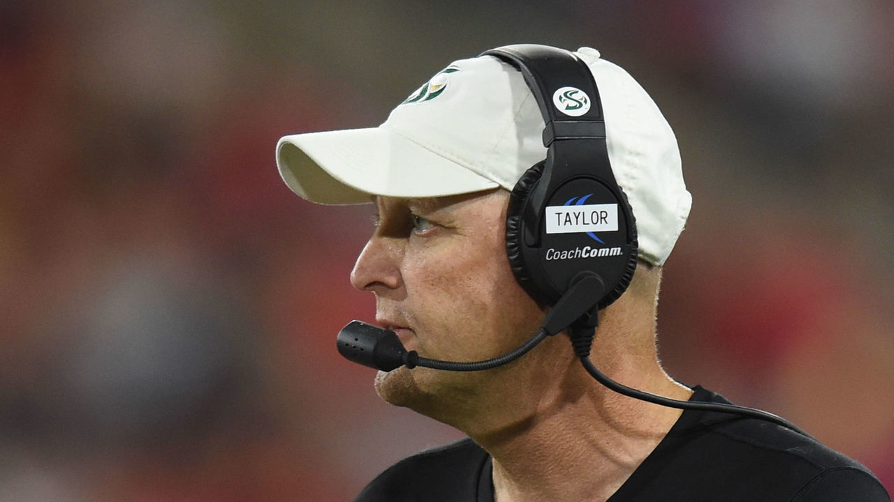 FRESNO, CA - SEPTEMBER 21: Sacramento State head coach Troy Taylor during a college football game between the Sacramento State Hornets and the Fresno State Bulldogs on September 21, 2019, at Bulldog Stadium in Fresno, CA.