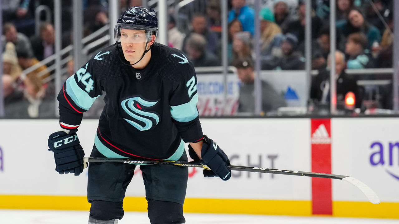 SEATTLE, WASHINGTON - DECEMBER 01: Jamie Oleksiak #24 of the Seattle Kraken waits for a face-off during the second period of a game against the Washington Capitals at Climate Pledge Arena on December 01, 2022 in Seattle, Washington.