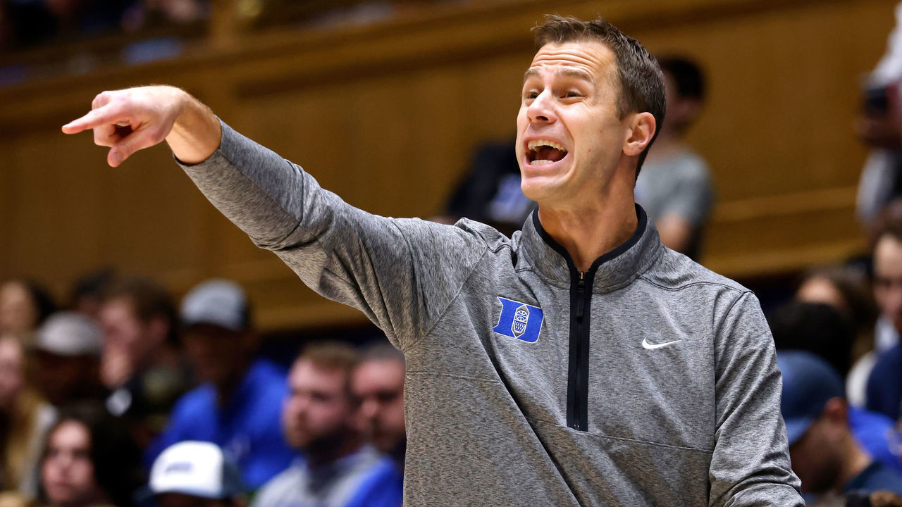 DURHAM, NC - DECEMBER 10: Head coach Jon Scheyer of the Duke Blue Devils directs his team during the second half of their game against the Maryland-Eastern Shore Hawks at Cameron Indoor Stadium on December 10, 2022 in Durham, North Carolina.