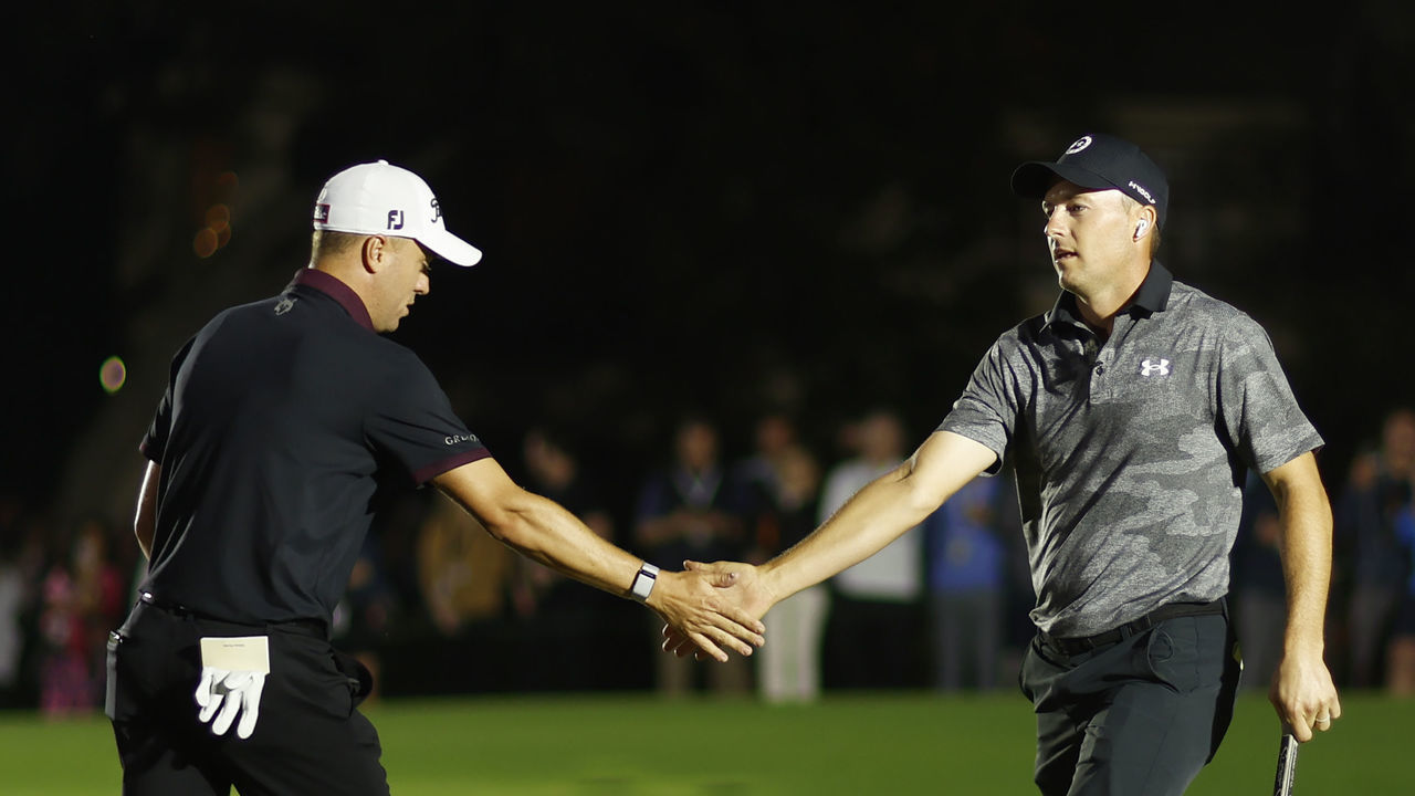 BELLEAIR, FLORIDA - DECEMBER 10: Justin Thomas of the United States and Jordan Spieth of the United States celebrate during The Match 7 at Pelican at Pelican Golf Club on December 10, 2022 in Belleair, Florida.