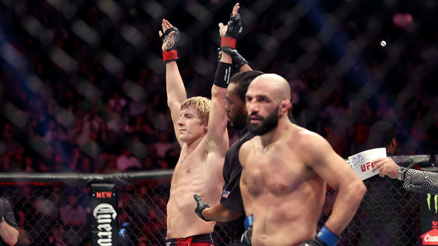 LAS VEGAS, NEVADA - DECEMBER 10: (L-R) Paddy Pimblett of England reacts after defeating Jared Gordon in a lightweight fight during the UFC 282 event at T-Mobile Arena on December 10, 2022 in Las Vegas, Nevada.