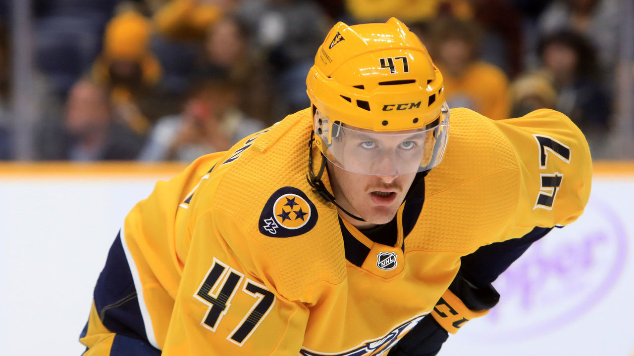 NASHVILLE, TN - NOVEMBER 19: Nashville Predators forward Michael McCarron (47) is shown during the NHL game between the Nashville Predators and Tampa Bay Lightning, held on November 19, 2022, at Bridgestone Arena in Nashville, Tennessee.