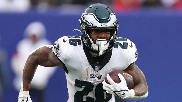 EAST RUTHERFORD, NEW JERSEY - DECEMBER 11: Miles Sanders #26 of the Philadelphia Eagles runs the ball during the second half in the game against the New York Giants at MetLife Stadium on December 11, 2022 in East Rutherford, New Jersey.