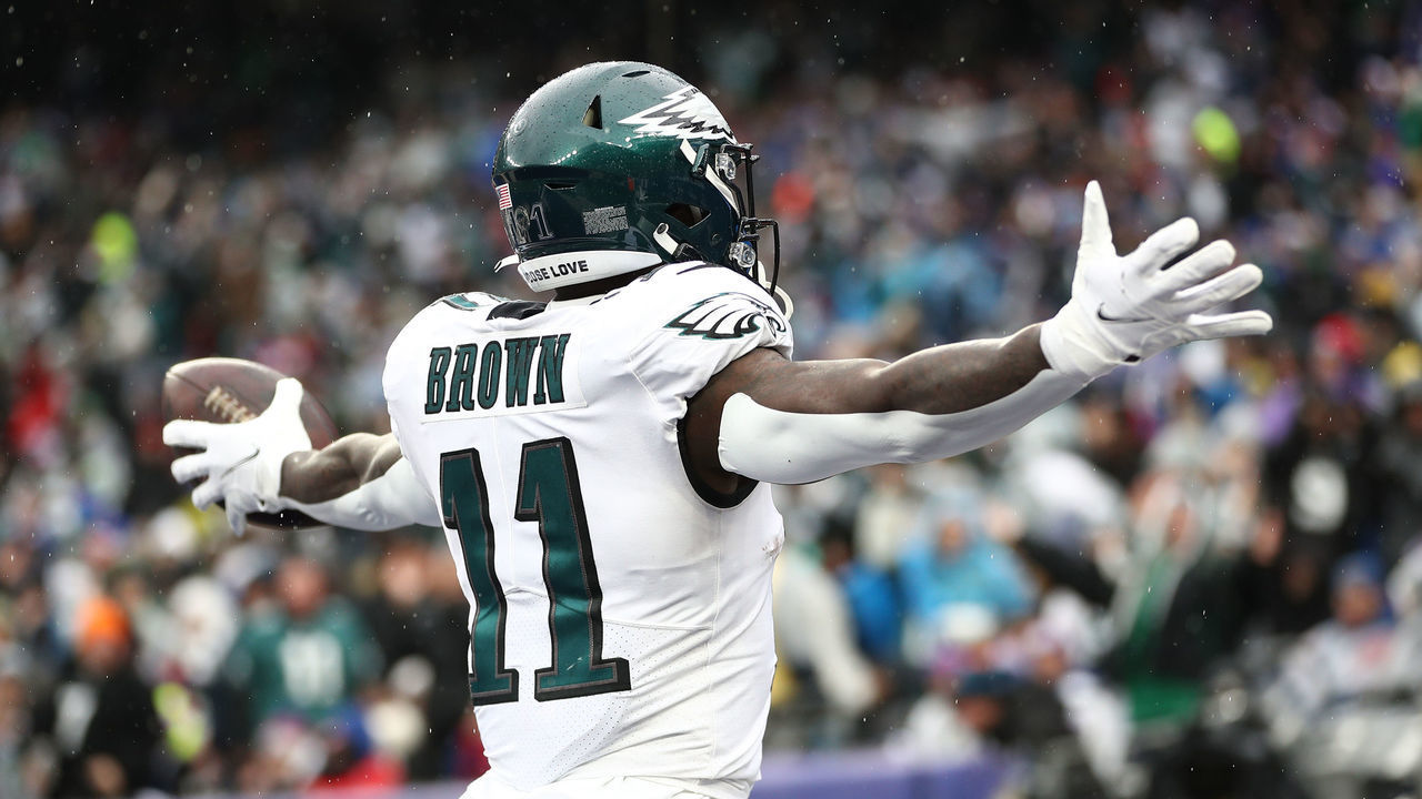 EAST RUTHERFORD, NEW JERSEY - DECEMBER 11: A.J. Brown #11 of the Philadelphia Eagles celebrates after a touchdown during the second quarter of the game against the New York Giants at MetLife Stadium on December 11, 2022 in East Rutherford, New Jersey.