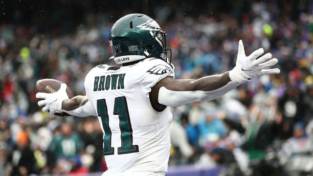 EAST RUTHERFORD, NEW JERSEY - DECEMBER 11: A.J. Brown #11 of the Philadelphia Eagles celebrates after a touchdown during the second quarter of the game against the New York Giants at MetLife Stadium on December 11, 2022 in East Rutherford, New Jersey.