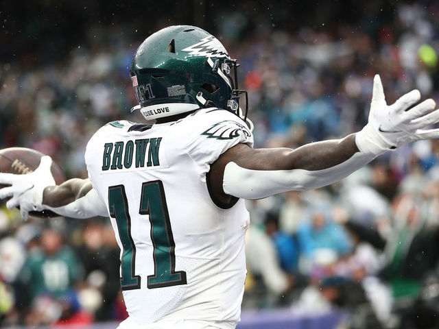 EAST RUTHERFORD, NEW JERSEY - DECEMBER 11: A.J. Brown #11 of the Philadelphia Eagles celebrates after a touchdown during the second quarter of the game against the New York Giants at MetLife Stadium on December 11, 2022 in East Rutherford, New Jersey.