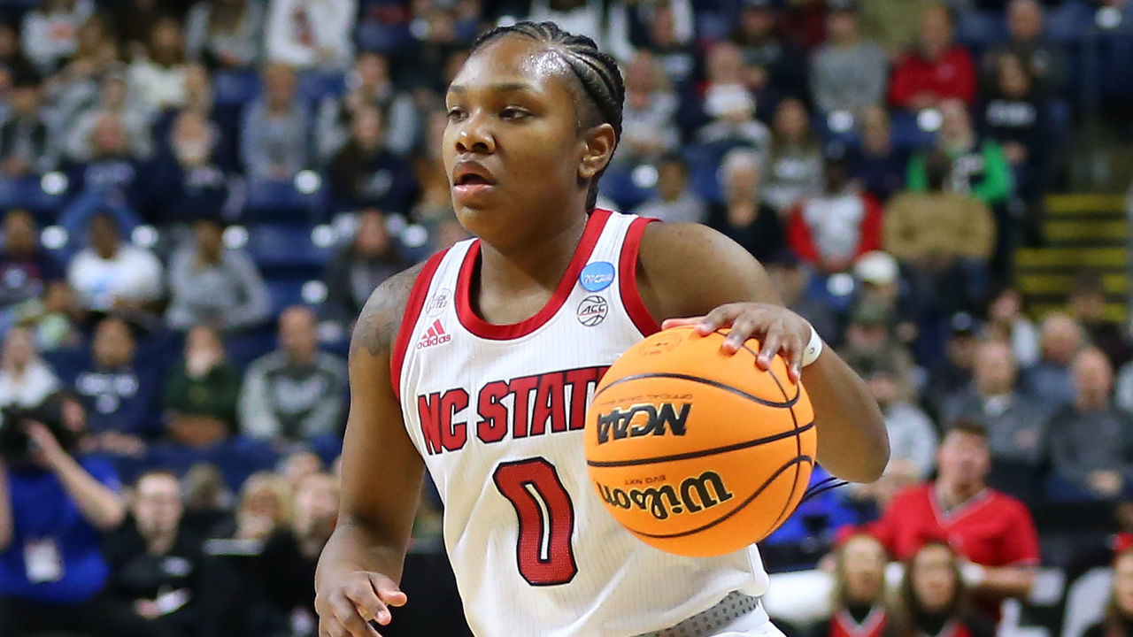 BRIDGEPORT, CT - MARCH 26: NC State Wolfpack guard Diamond Johnson (0) in action during the sweet sixteen of the Women's Div I NCAA Basketball Championship between NC State Wolfpack and Notre Dame Fighting Irish on March 26, 2022, at Total Mortgage Arena in Bridgeport, CT.