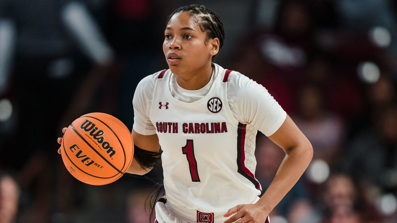 COLUMBIA, SOUTH CAROLINA - DECEMBER 11: Zia Cooke #1 of the South Carolina Gamecocks brings the ball up court against the Liberty Lady Flames in the first quarter during their game at Colonial Life Arena on December 11, 2022 in Columbia, South Carolina.