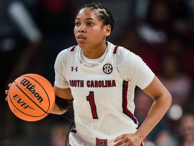 COLUMBIA, SOUTH CAROLINA - DECEMBER 11: Zia Cooke #1 of the South Carolina Gamecocks brings the ball up court against the Liberty Lady Flames in the first quarter during their game at Colonial Life Arena on December 11, 2022 in Columbia, South Carolina.