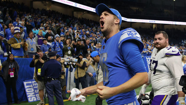 DETROIT, MICHIGAN - DECEMBER 11: Jared Goff #16 of the Detroit Lions reacts as he walks off the field after defeating the Minnesota Vikings 34-23 at Ford Field on December 11, 2022 in Detroit, Michigan.
