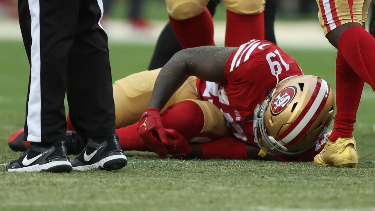 SANTA CLARA, CALIFORNIA - DECEMBER 11: Deebo Samuel #19 of the San Francisco 49ers is injured during the second quarter against the Tampa Bay Buccaneers at Levi's Stadium on December 11, 2022 in Santa Clara, California.