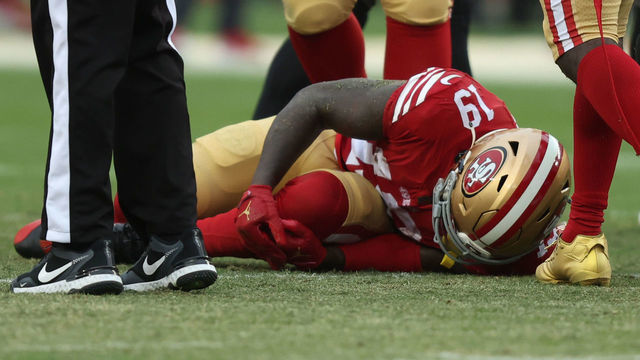 SANTA CLARA, CALIFORNIA - DECEMBER 11: Deebo Samuel #19 of the San Francisco 49ers is injured during the second quarter against the Tampa Bay Buccaneers at Levi's Stadium on December 11, 2022 in Santa Clara, California.