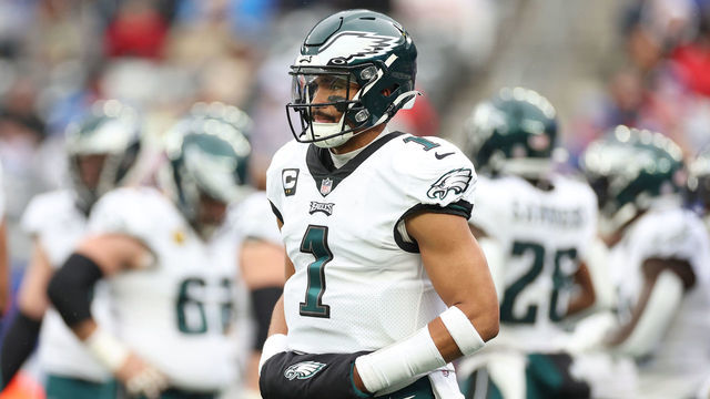 EAST RUTHERFORD, NEW JERSEY - DECEMBER 11: Jalen Hurts #1 of the Philadelphia Eagles looks on during the first half against the New York Giants at MetLife Stadium on December 11, 2022 in East Rutherford, New Jersey.