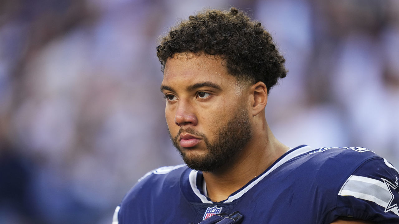ARLINGTON, TX - OCTOBER 30: Terence Steele #78 of the Dallas Cowboys stands during the national anthem against the Chicago Bears at AT&T Stadium on October 30, 2022 in Arlington, Texas.