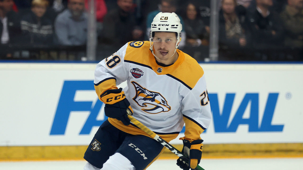 PRAGUE, CZECH REPUBLIC - OCTOBER 08: Eeli Tolvanen #28 of Nashville Predators skates against the San Jose Sharks during the 2022 NHL Global Series Challenge Series Czech Republic between Nashville Predators and San Jose Sharks at O2 Arena on October 08, 2022 in Prague, Czech Republic.