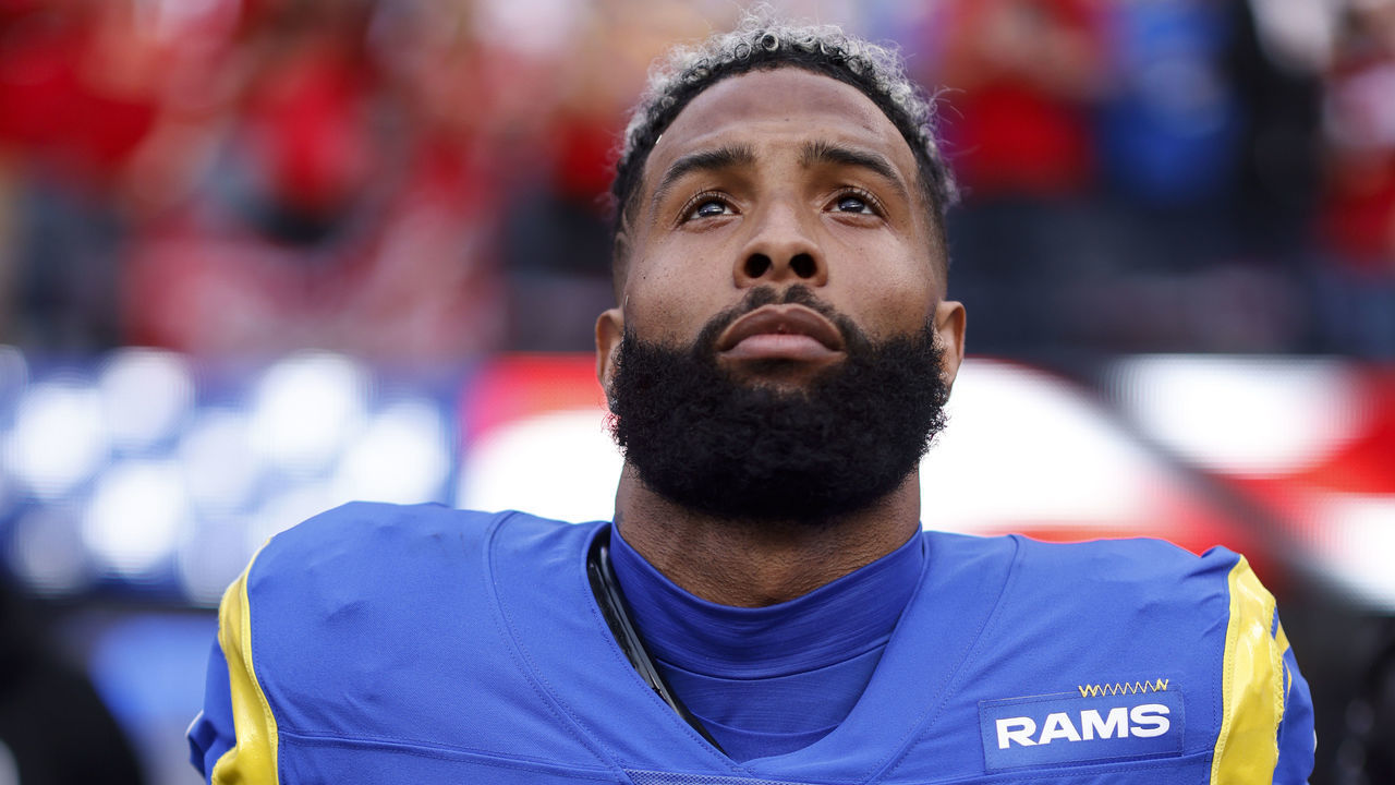 INGLEWOOD, CALIFORNIA - JANUARY 30: Odell Beckham Jr. #3 of the Los Angeles Rams looks on during the national anthem prior to the NFC Championship NFL football game against the San Francisco 49ers at SoFi Stadium on January 30, 2022 in Inglewood, California. The Rams won 20-17 to advance to the Super Bowl.