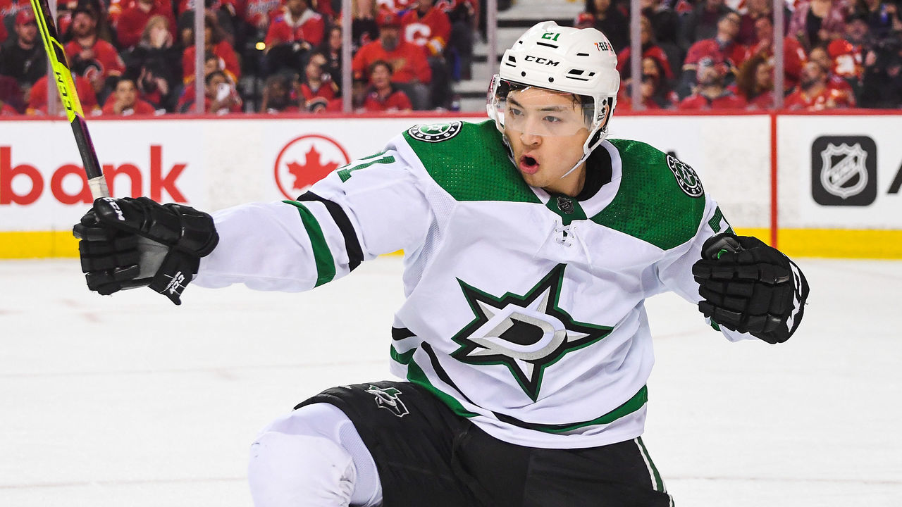 CALGARY, AB - MAY 11: Jason Robertson #21 of the Dallas Stars celebrates after scoring against the Calgary Flames during the second period of Game Five of the First Round of the 2022 Stanley Cup Playoffs at Scotiabank Saddledome on May 11, 2022 in Calgary, Alberta, Canada.