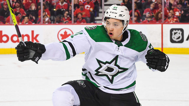 CALGARY, AB - MAY 11: Jason Robertson #21 of the Dallas Stars celebrates after scoring against the Calgary Flames during the second period of Game Five of the First Round of the 2022 Stanley Cup Playoffs at Scotiabank Saddledome on May 11, 2022 in Calgary, Alberta, Canada.