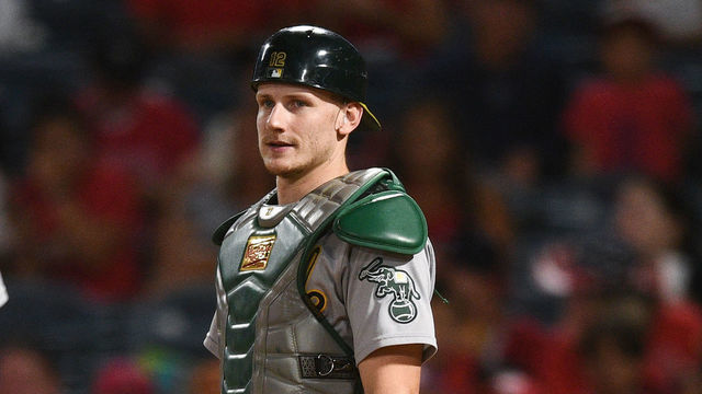 ANAHEIM, CA - SEPTEMBER 27: Oakland Athletics catcher Sean Murphy (12) look son during the MLB game between the Oakland Athletics and the Los Angeles Angels of Anaheim on September 27, 2022 at Angel Stadium of Anaheim in Anaheim, CA.