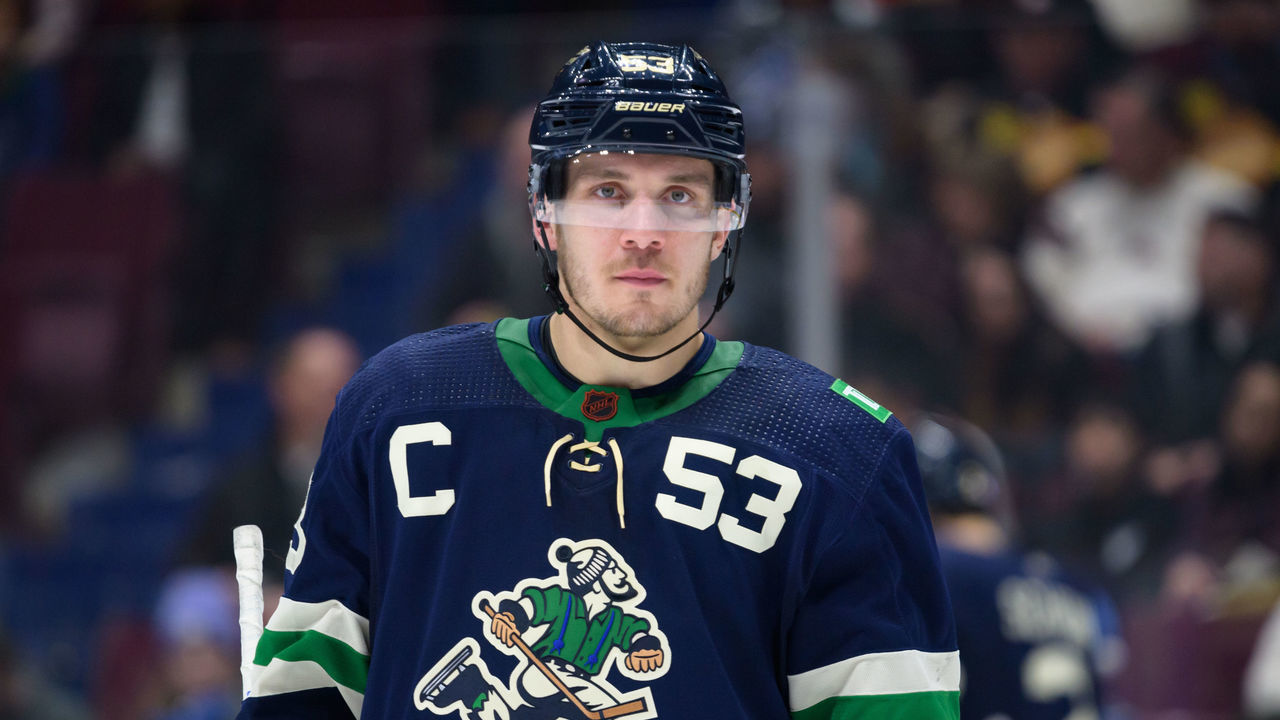 VANCOUVER, CANADA - DECEMBER 3: Bo Horvat #53 of the Vancouver Canucks waits for a face-off during the third period of their NHL game against the Arizona Coyotes at Rogers Arena on December 3, 2022 in Vancouver, British Columbia, Canada. Vancouver won 3-2.