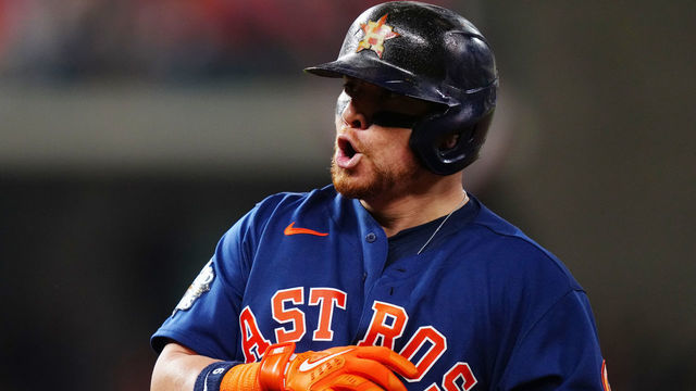 HOUSTON, TX - NOVEMBER 05: Christian Vázquez #9 of the Houston Astros reacts after hitting an RBI single in the sixth inning during Game 6 of the 2022 World Series between the Philadelphia Phillies and the Houston Astros at Minute Maid Park on Saturday, November 5, 2022 in Houston, Texas.