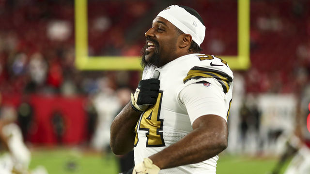TAMPA, FL - DECEMBER 5: Cameron Jordan #94 of the New Orleans Saints yells to teammates while stretching prior to an NFL football game against the Tampa Bay Buccaneers at Raymond James Stadium on December 5, 2022 in Tampa, Florida.