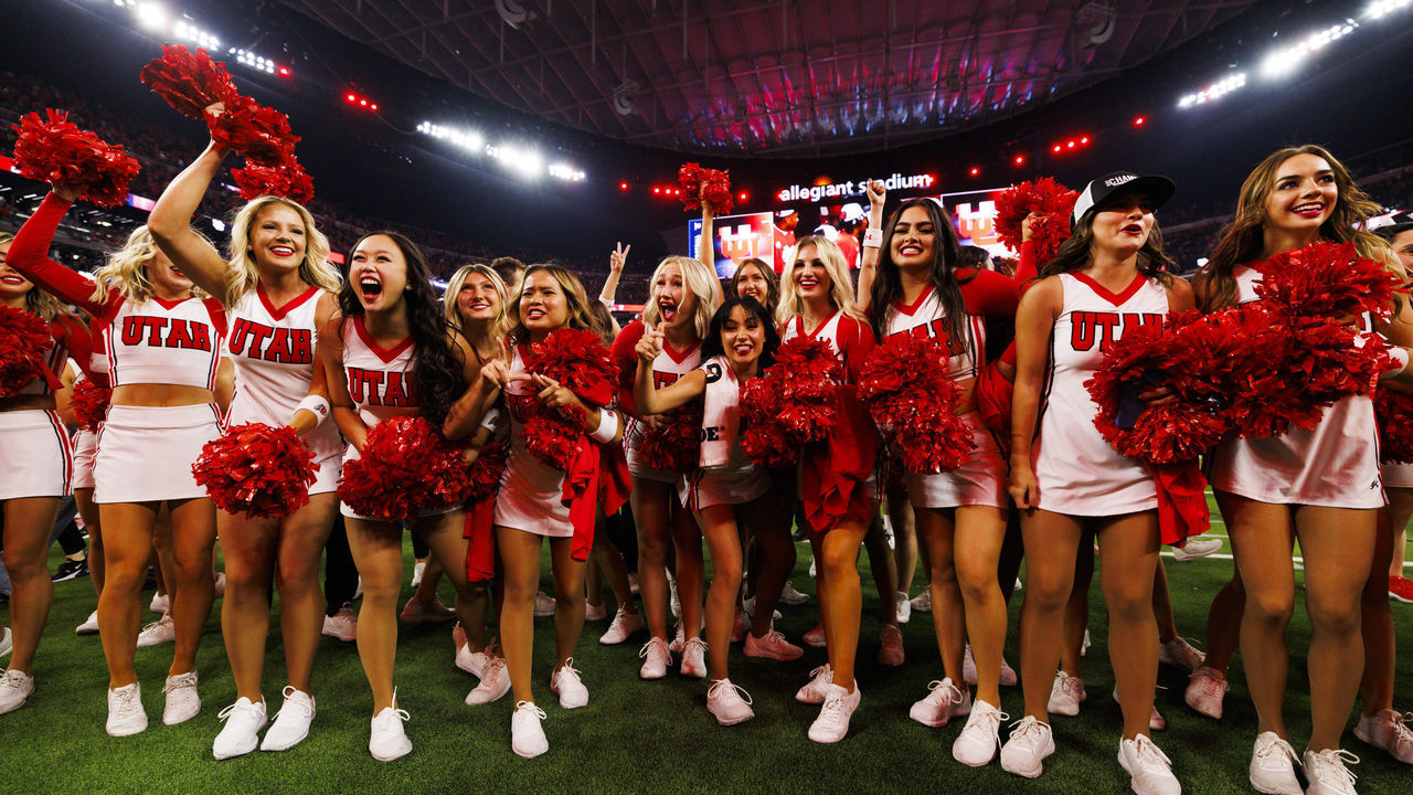 LAS VEGAS, NV - DECEMBER 02: Utah Utes cheerleaders celebrate during the Pac-12 Championship football game between Utah Utes and USC Trojans on December 2, 2022 at Allegiant Stadium in Las Vegas, NV.