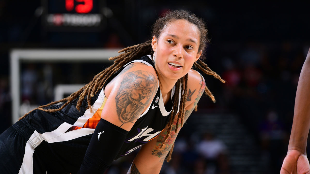 PHOENIX, AZ - SEPTEMBER 11: Brittney Griner #42 of the Phoenix Mercury looks on during the game against the Connecticut Sun on September 11, 2021 at Footprint Center in Phoenix, Arizona. Mandatory Copyright Notice: Copyright 2021 NBAE