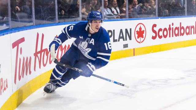 TORONTO, ON - DECEMBER 10: Mitch Marner #16 of the Toronto Maple Leafs celebrates his game winning overtime goal against the Calgary Flames at the Scotiabank Arena on December 10, 2022 in Toronto, Ontario, Canada.
