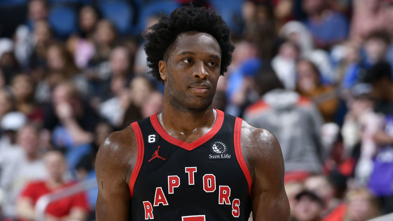 ORLANDO, FL - DECEMBER 9: OG Anunoby #3 of the Toronto Raptors looks on during the game against the Orlando Magic on December 9, 2022 at Amway Center in Orlando, Florida. Mandatory Copyright Notice: Copyright 2022 NBAE