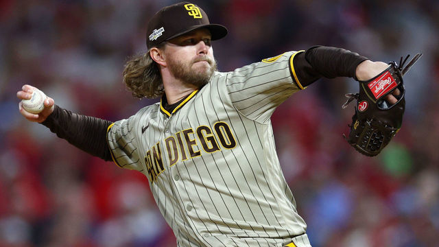 PHILADELPHIA, PENNSYLVANIA - OCTOBER 21: Pierce Johnson #36 of the San Diego Padres pitches during the seventh inning against the Philadelphia Phillies in game three of the National League Championship Series at Citizens Bank Park on October 21, 2022 in Philadelphia, Pennsylvania.