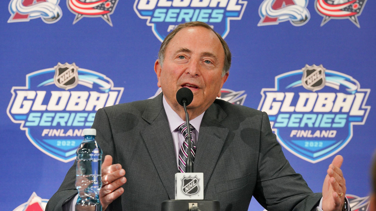 TAMPERE, FINLAND - NOVEMBER 5: Gary Bettman speaks during media availability prior to the 2022 NHL Global Series Finland at Nokia Arena on November 5, 2022 in Tampere, Finland.