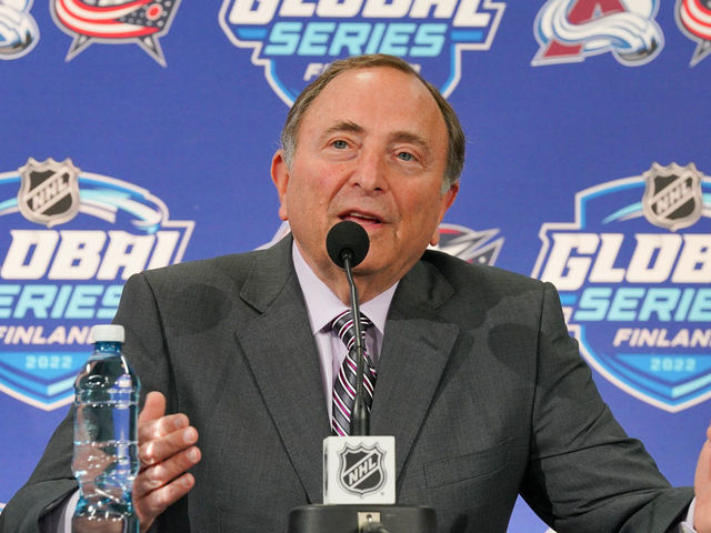 TAMPERE, FINLAND - NOVEMBER 5: Gary Bettman speaks during media availability prior to the 2022 NHL Global Series Finland at Nokia Arena on November 5, 2022 in Tampere, Finland.