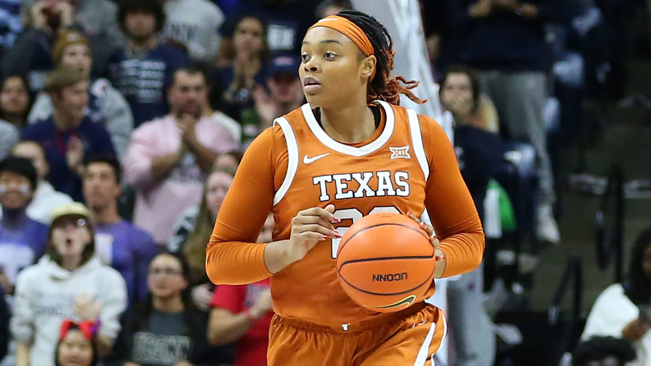 STORRS, CT - NOVEMBER 14: Texas Longhorns forward Aaliyah Moore (23) in action during a women's college basketball game between Texas Longhorns and UConn Huskies on November 14, 2022, at Harry A. Gampel Pavilion in Storrs, CT.