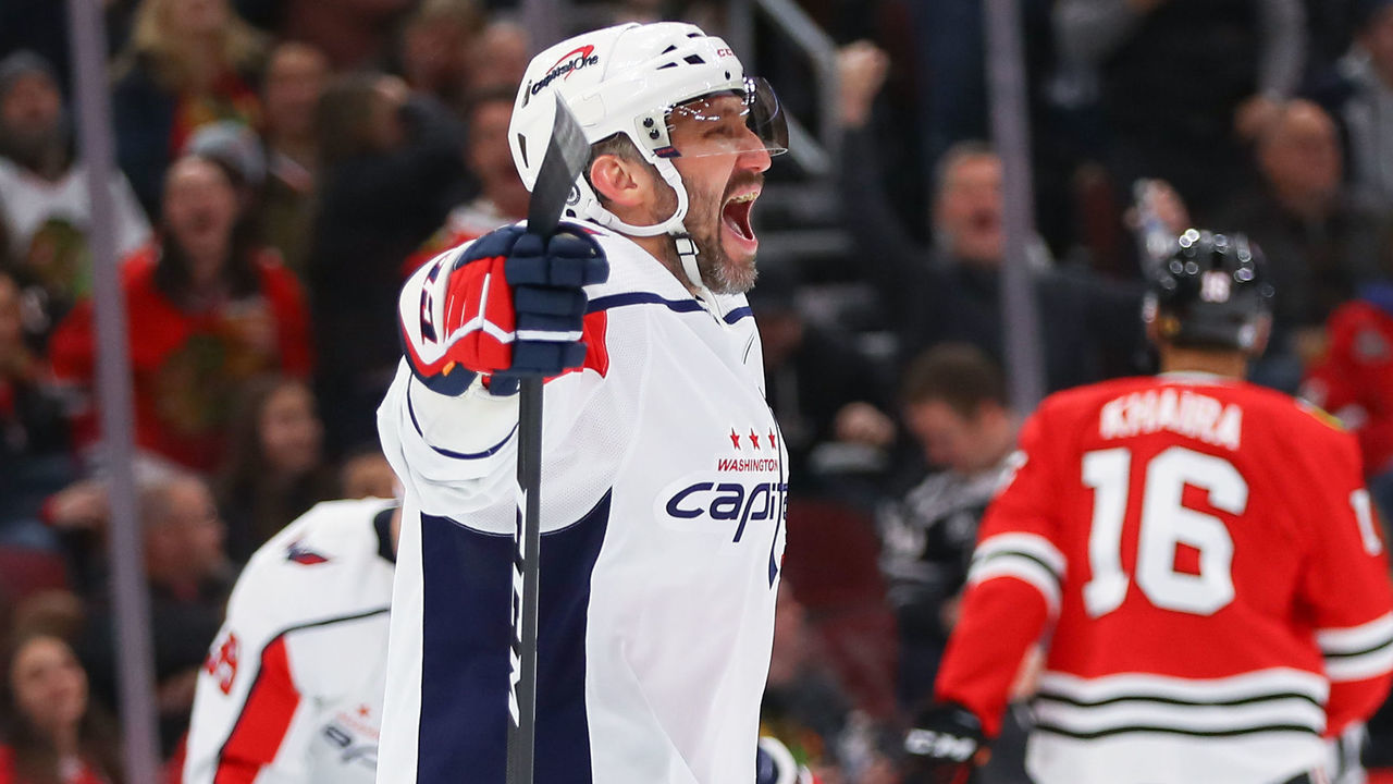 CHICAGO, IL - DECEMBER 13: Washington Capitals Left Wing Alex Ovechkin (8) celebrates after scoring his 800 career goal during a game between the Washington Capitals and the Chicago Blackhawks on December 13, 2022 at the United Center in Chicago, IL.