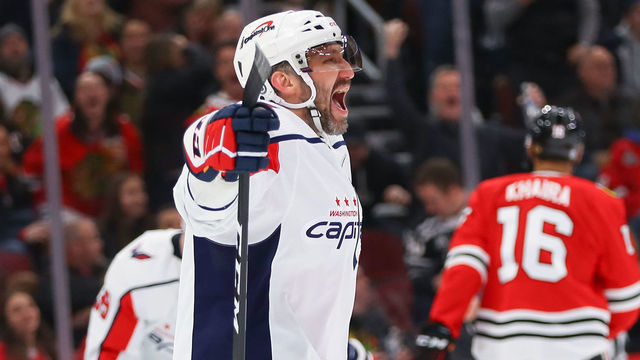 CHICAGO, IL - DECEMBER 13: Washington Capitals Left Wing Alex Ovechkin (8) celebrates after scoring his 800 career goal during a game between the Washington Capitals and the Chicago Blackhawks on December 13, 2022 at the United Center in Chicago, IL.