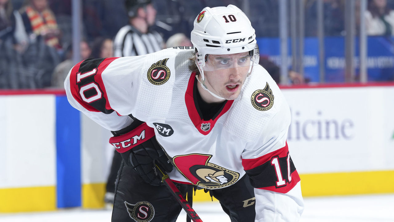 PHILADELPHIA, PA - APRIL 29: Alex Formenton #10 of the Ottawa Senators looks on against the Philadelphia Flyers at the Wells Fargo Center on April 29, 2022 in Philadelphia, Pennsylvania.