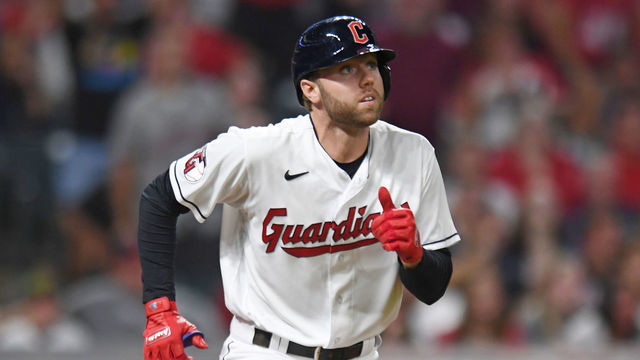 CLEVELAND, OH - AUGUST 19, 2022: Owen Miller #6 of the Cleveland Guardians runs out a fly ball to right field during the seventh inning against the Chicago White Sox at Progressive Field on August 19, 2022 in Cleveland, Ohio.